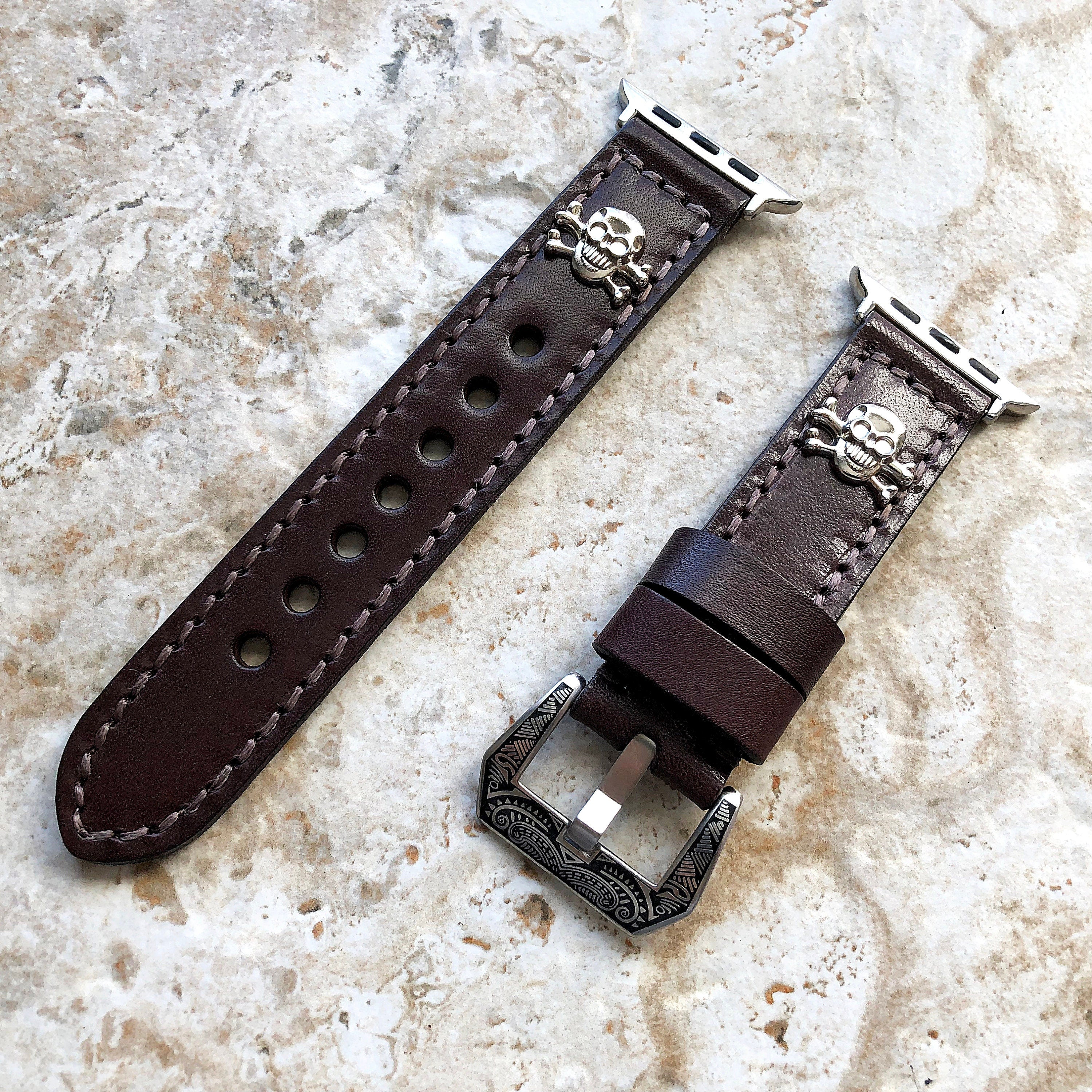 Apple Watch Band Brown Leather Metal Rivets Skull Crossbones for Ultra 2 and 9 8 Series Watch 41mm 45mm 49mm Case Handmade Bracelet Strap SE